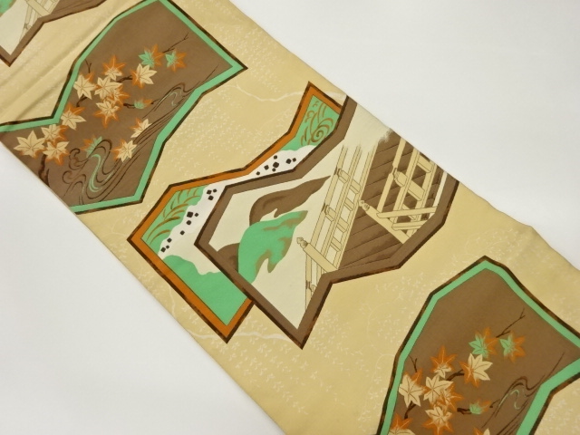 屏風に橋・紅葉・流水模様織出し全通袋帯